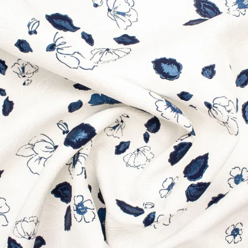 White Navy Flower Print Fabric